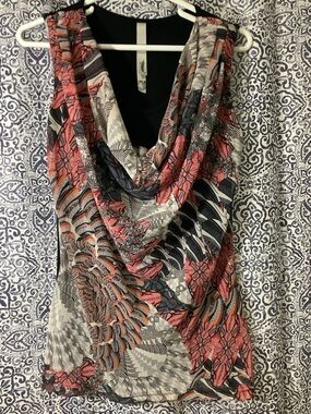 Draped Cowl Neck Overlay Top in Coral, Black & Cream